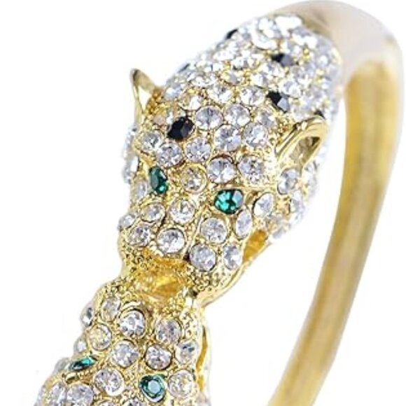 Neiman Marcus Gold Rhinestone Twin Jaguar Cuff Bangle Bracelet - Picture 3 of 3